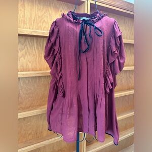 ZARA Maroon Frill Semi-Sheer Pleated Black Tie Blouse-Size XL